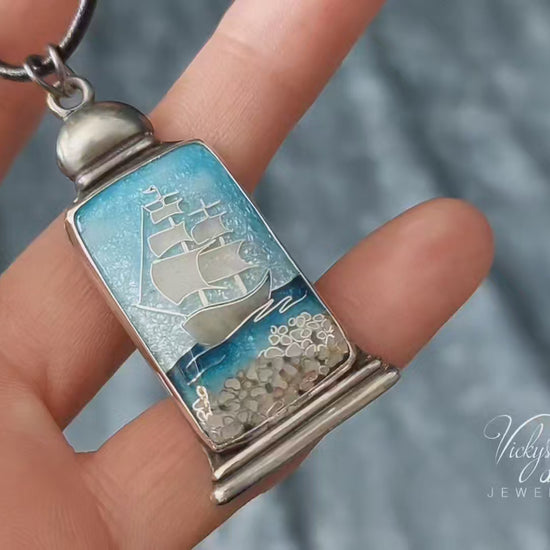 Bright blue Cloisonné enamel necklace with Sea in the Bottle design