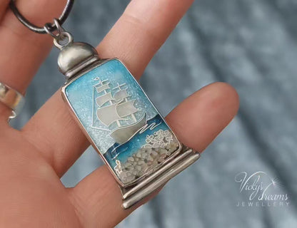 Bright blue Cloisonné enamel necklace with Sea in the Bottle design