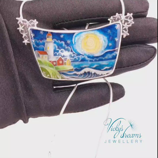 Handmade cloisonné night lighthouse pendant necklace in sterling silver