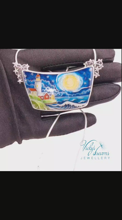 Handmade cloisonné night lighthouse pendant necklace in sterling silver