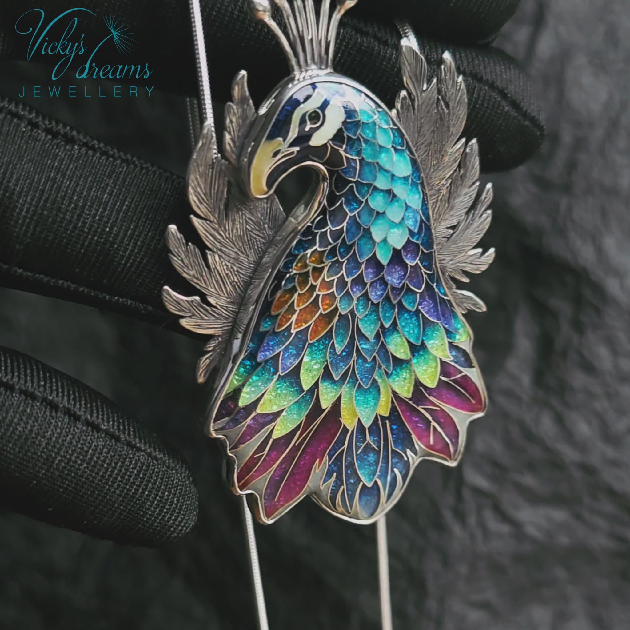 handmade cloisonne peacock pendant sterling silver