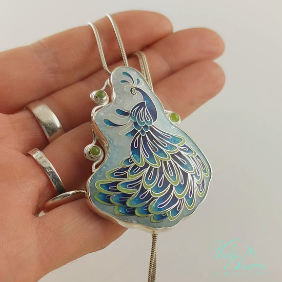 Handmade cloisonné enamel peacock necklace with peridot gemstones in sterling silver