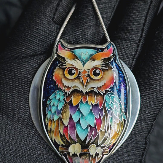 handmade cloisonné owl pendant sterling silver night sky enamel 