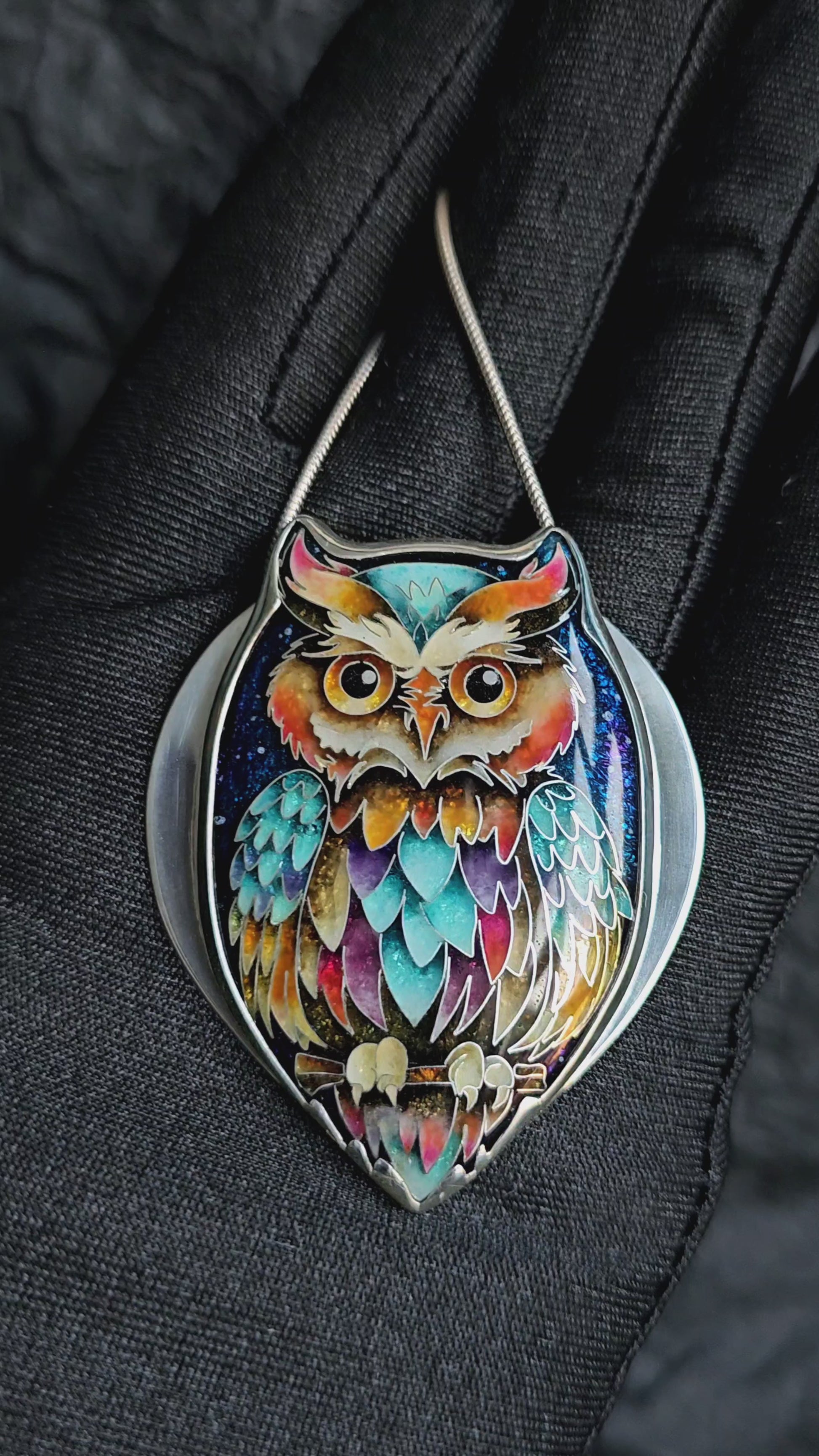 handmade cloisonné owl pendant sterling silver night sky enamel 