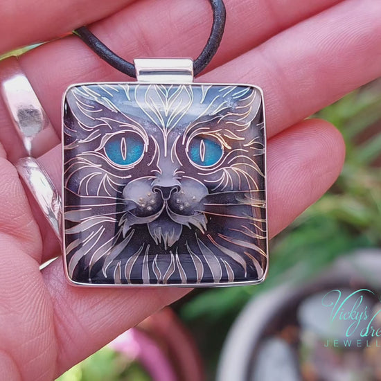 Handmade cloisonné blue-eyed cat pendant necklace in sterling silver