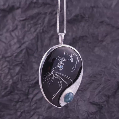 cat pendant, cloisonné enamel, sterling silver, apatite stone