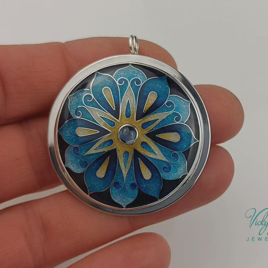 Handmade cloisonné blue mandala enamel pendant with London Blue Topaz gemstone in sterling silver
