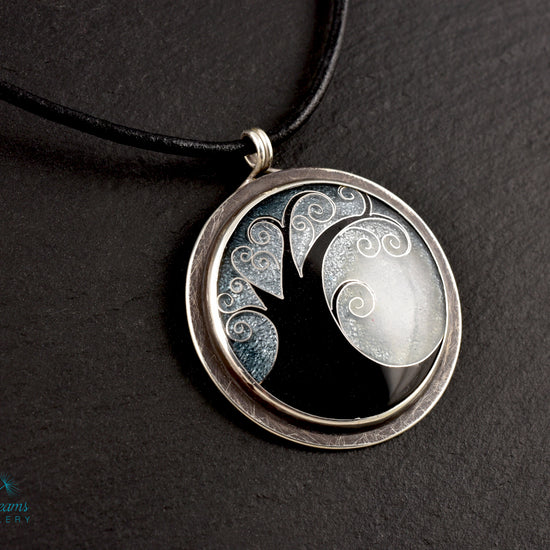 Elegant black cloisonné enamel tree pendant on sterling silver with leather cord