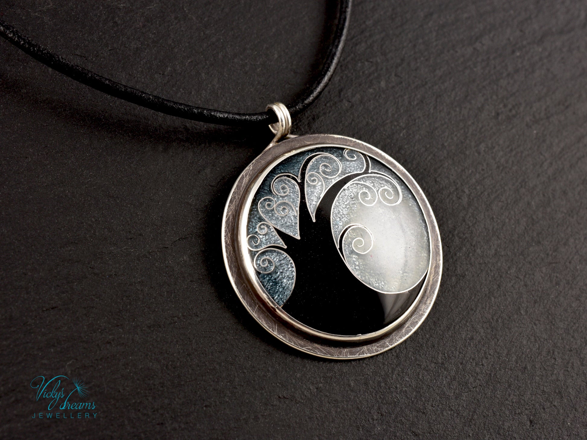 Elegant black cloisonné enamel tree pendant on sterling silver with leather cord