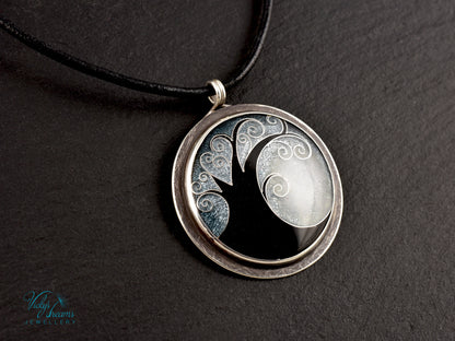 Elegant black cloisonné enamel tree pendant on sterling silver with leather cord