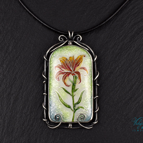 Handmade cloisonné fire lily enamel pendant on sterling silver with leather cord