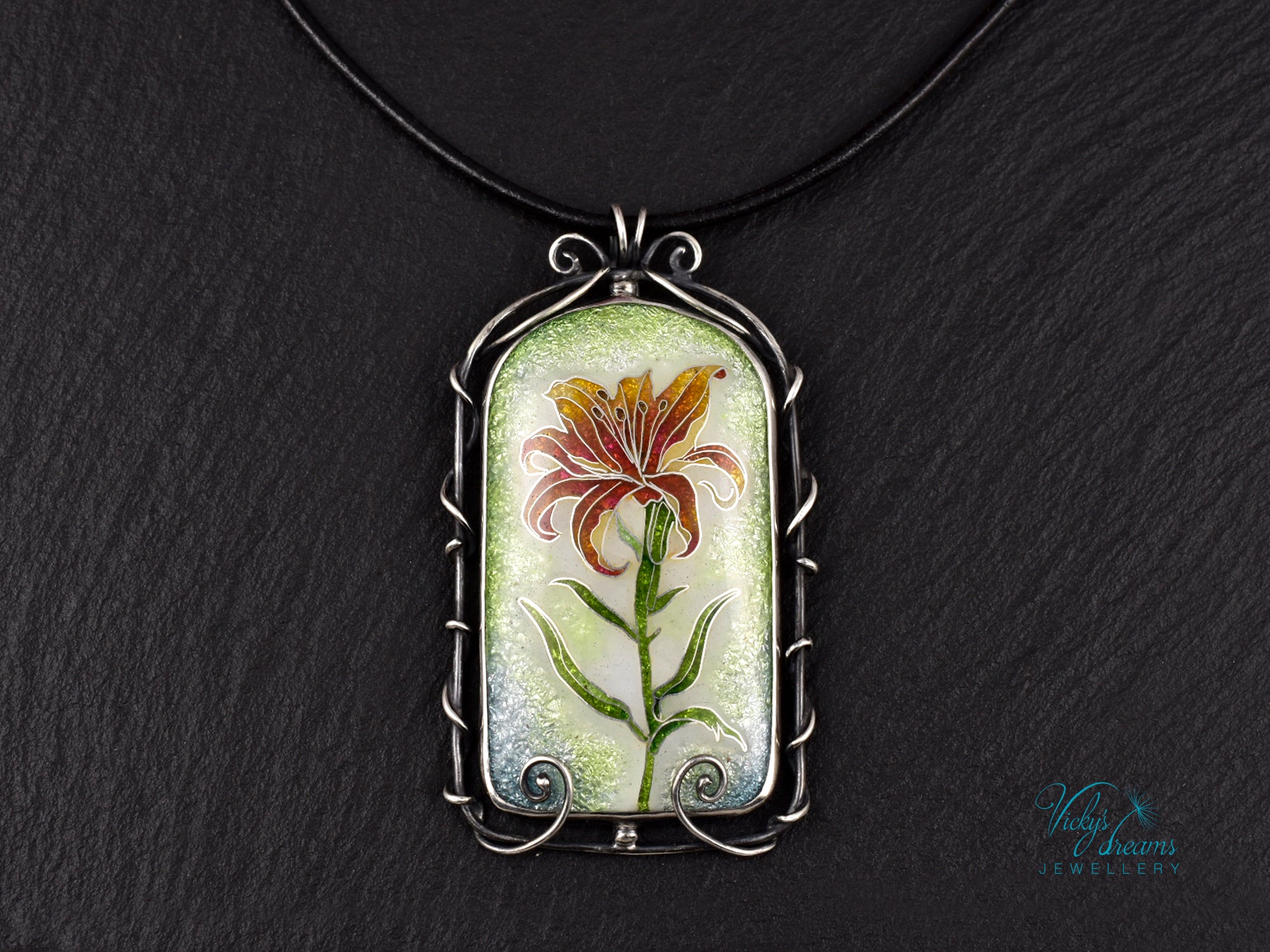 Handmade cloisonné fire lily enamel pendant on sterling silver with leather cord
