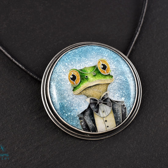 Handmade cloisonné enamel Mr. Frog pendant in oxidized sterling silver with leather cord