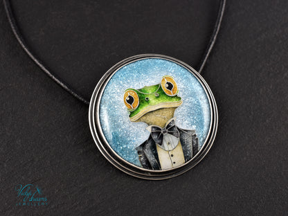 Handmade cloisonné enamel Mr. Frog pendant in oxidized sterling silver with leather cord