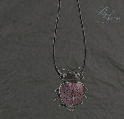 Pink Spotted Enamel Beetle Pendant | Sterling Silver Ladybug Insect Necklace | Cute Fuchsia Colorful Bug Jewelry