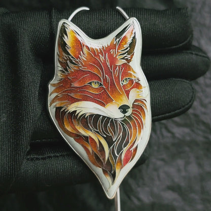 Handmade Cloisonné Red Fox Pendant in Sterling Silver – Enamel Fox Necklace, Organic Shape Artisan Jewelry