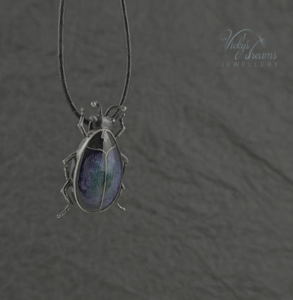 Blue Purple Enamel Scarab Beetle Pendant | Sterling Silver Cloisonne Insect Necklace | Cosmic Bug Jewelry Without Chain