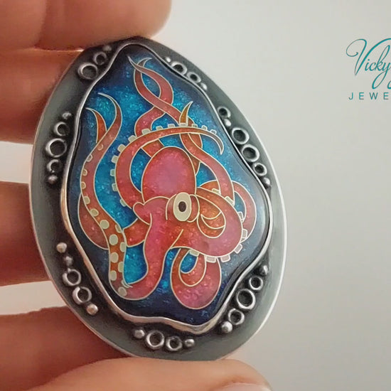 Artisan cloisonné silver pendant with marine life design  