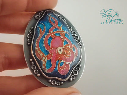 Artisan cloisonné silver pendant with marine life design  