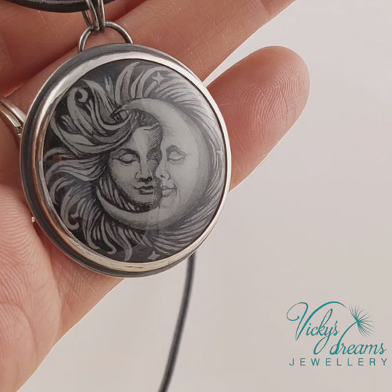 Handpainted Sun and Moon enamel pendant necklace in sterling silver