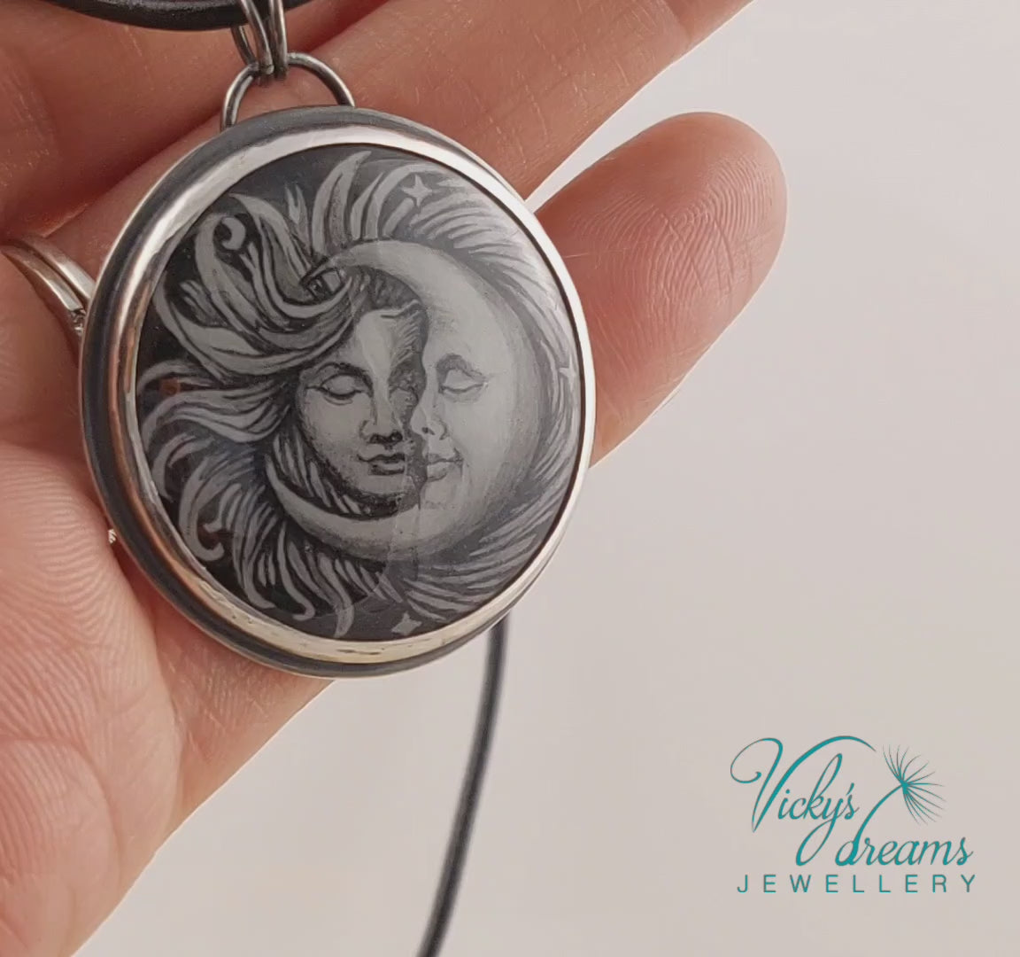 Handpainted Sun and Moon enamel pendant necklace in sterling silver