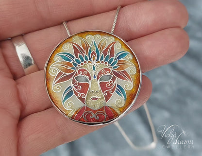 Sterling Silver Enamel Necklace with Vibrant Cloisonne Mask