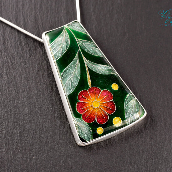 Handmade cloisonné enamel floral pendant on sterling silver necklace, vibrant botanical design