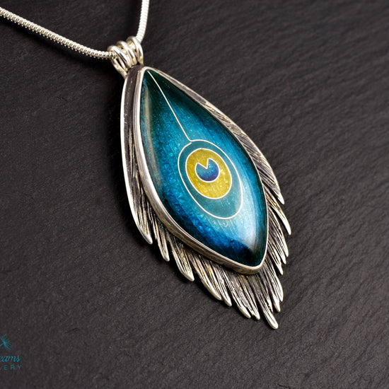 Handmade cloisonné enamel peacock feather pendant in oxidized sterling silver