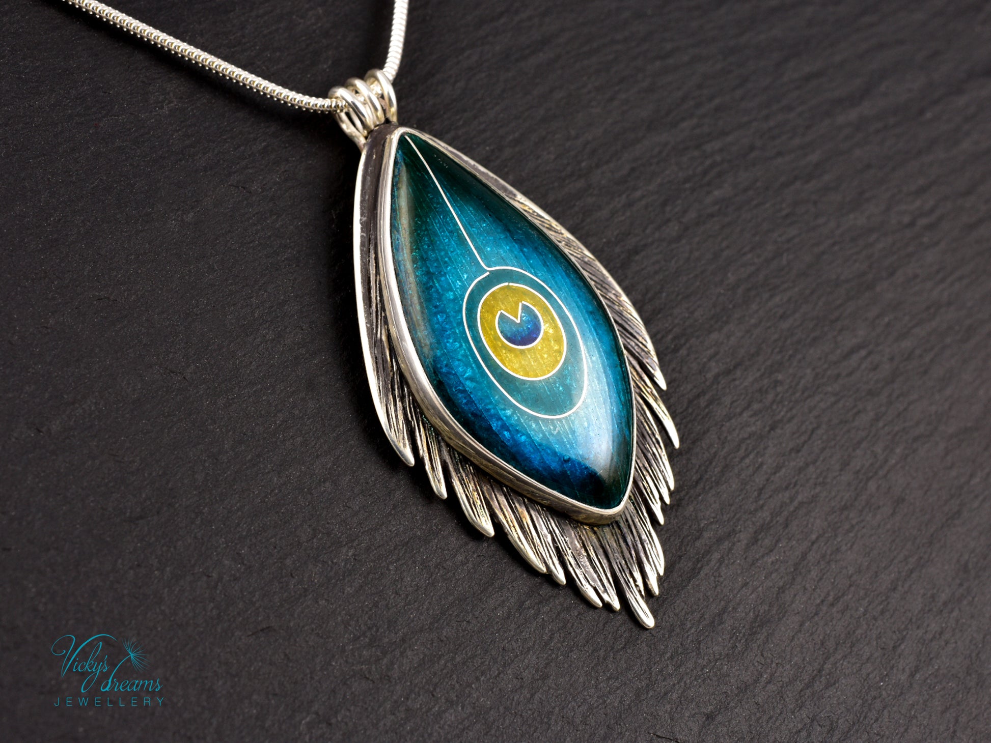 Handmade cloisonné enamel peacock feather pendant in oxidized sterling silver