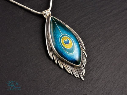 Handmade cloisonné enamel peacock feather pendant in oxidized sterling silver