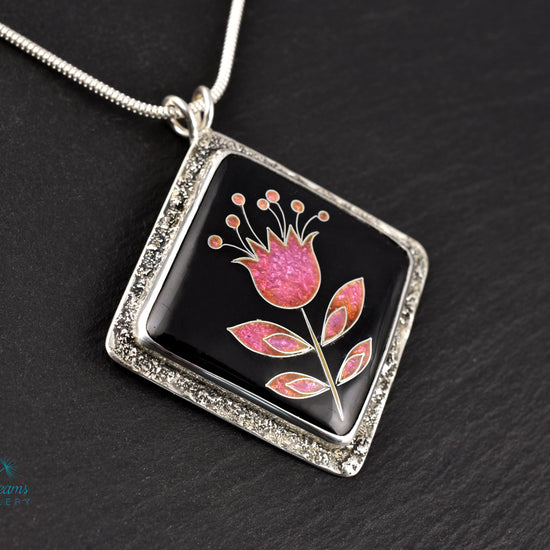Delicate pink flower cloisonné enamel pendant necklace in sterling silver, minimalist handmade jewelry
