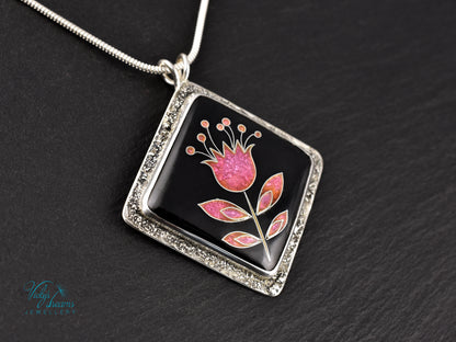 Delicate pink flower cloisonné enamel pendant necklace in sterling silver, minimalist handmade jewelry