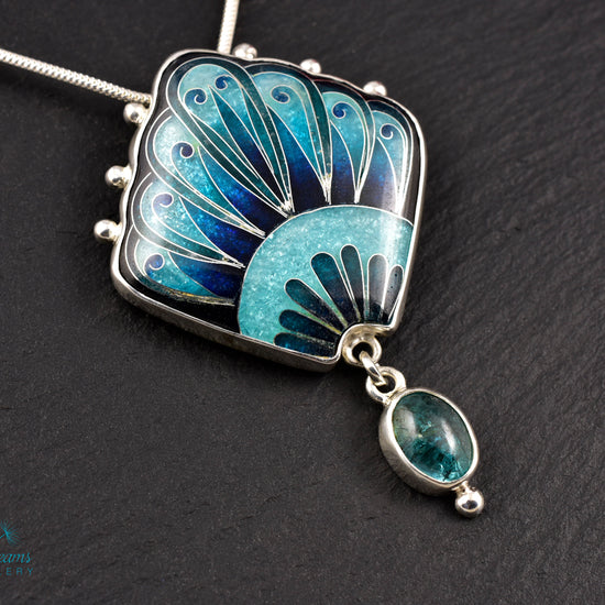 Handmade cloisonné turquoise fan pendant with Paraiba Apatite in sterling silver