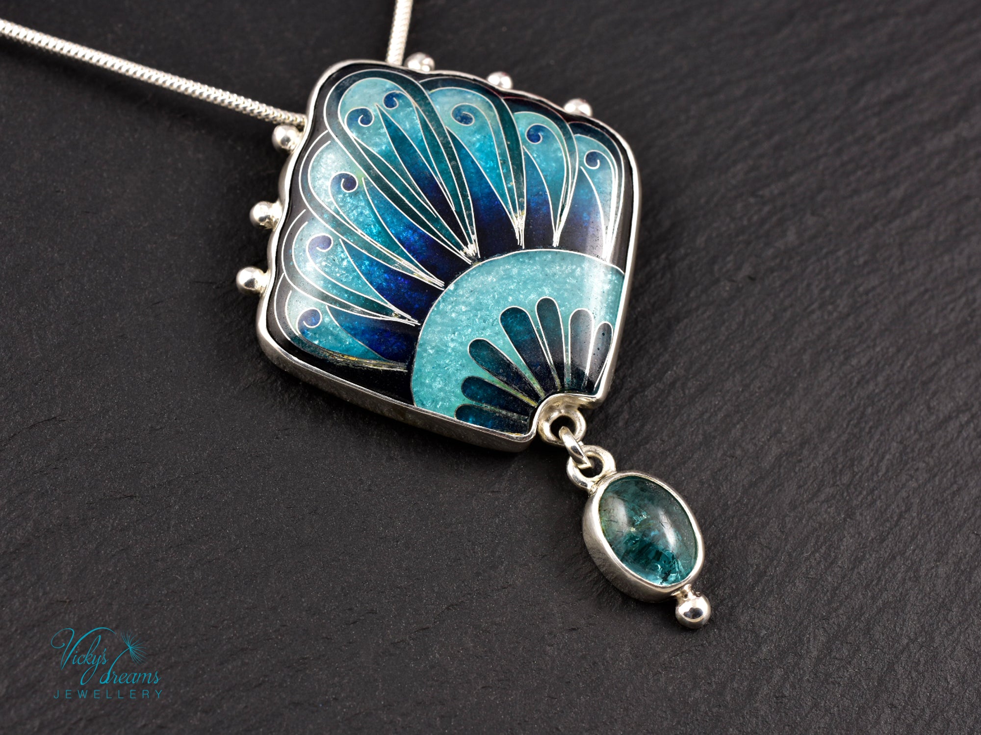 Handmade cloisonné turquoise fan pendant with Paraiba Apatite in sterling silver