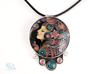 Artisan Cloisonné Moon Dream Necklace with Tourmaline – Sterling Silver Enamel Pendant