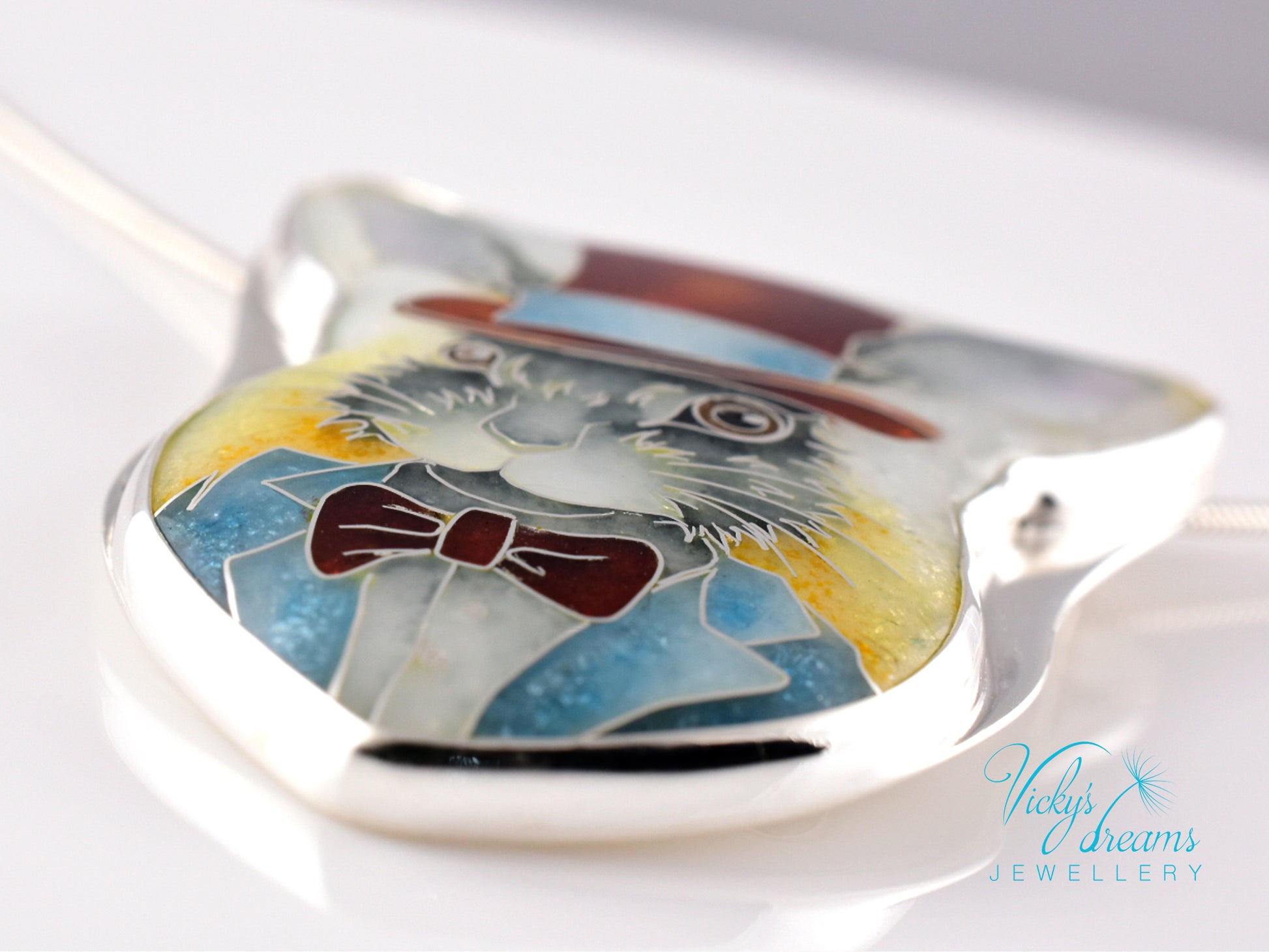 Handmade Bunny in a Hat cloisonné pendant necklace in sterling silver
