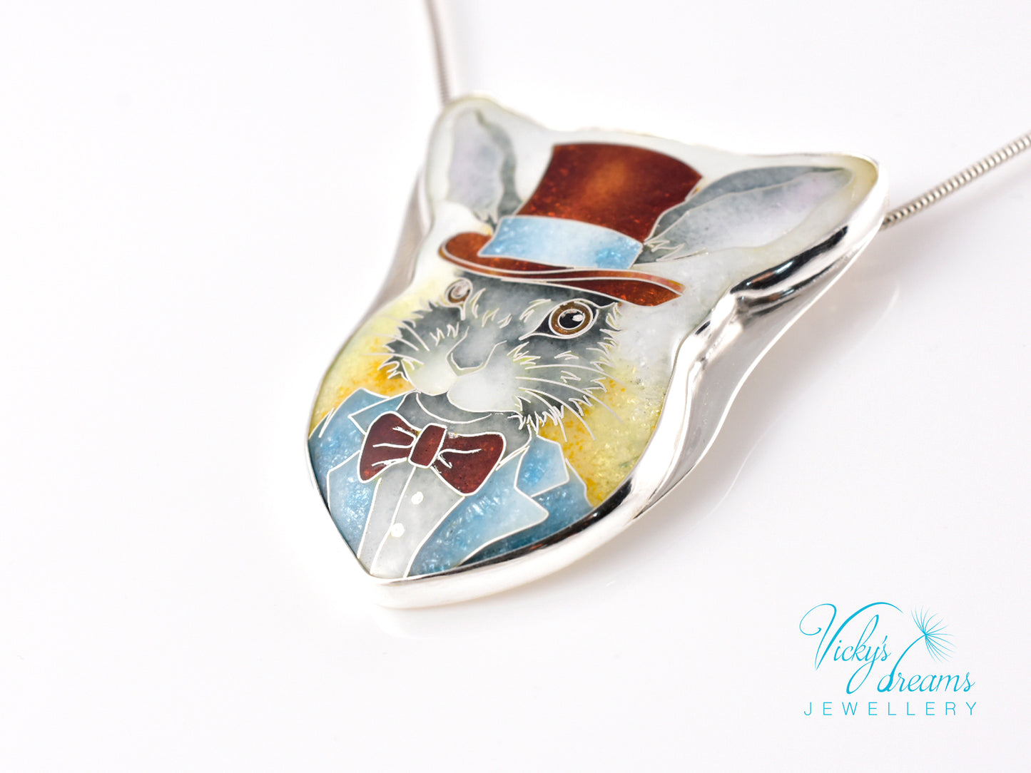 Handmade Bunny in a Hat cloisonné pendant necklace in sterling silver