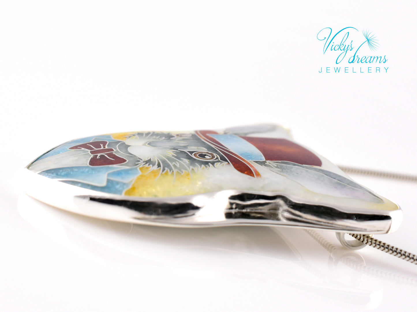 Handmade Bunny in a Hat cloisonné pendant necklace in sterling silver