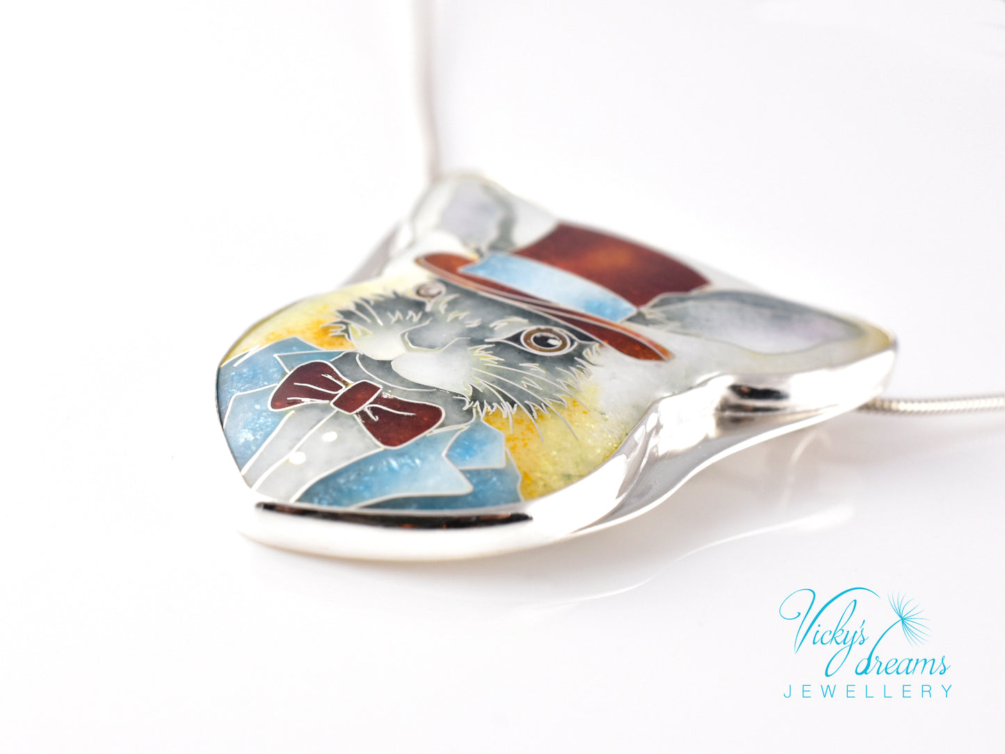Handmade Bunny in a Hat cloisonné pendant necklace in sterling silver