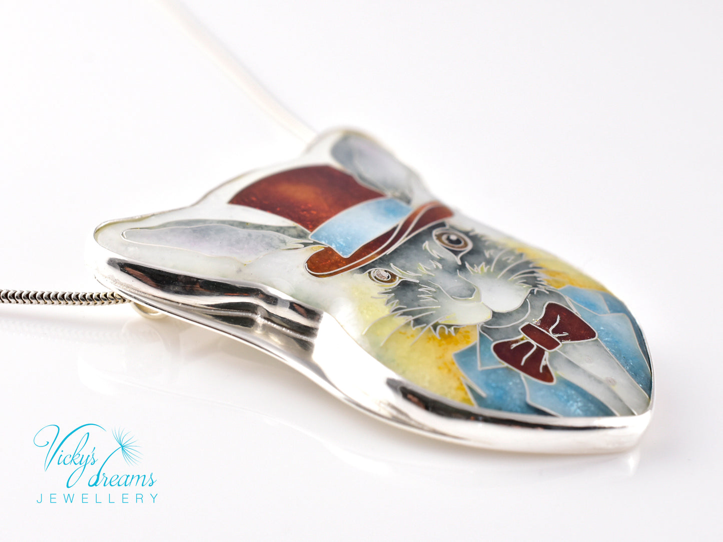 Handmade Bunny in a Hat cloisonné pendant necklace in sterling silver