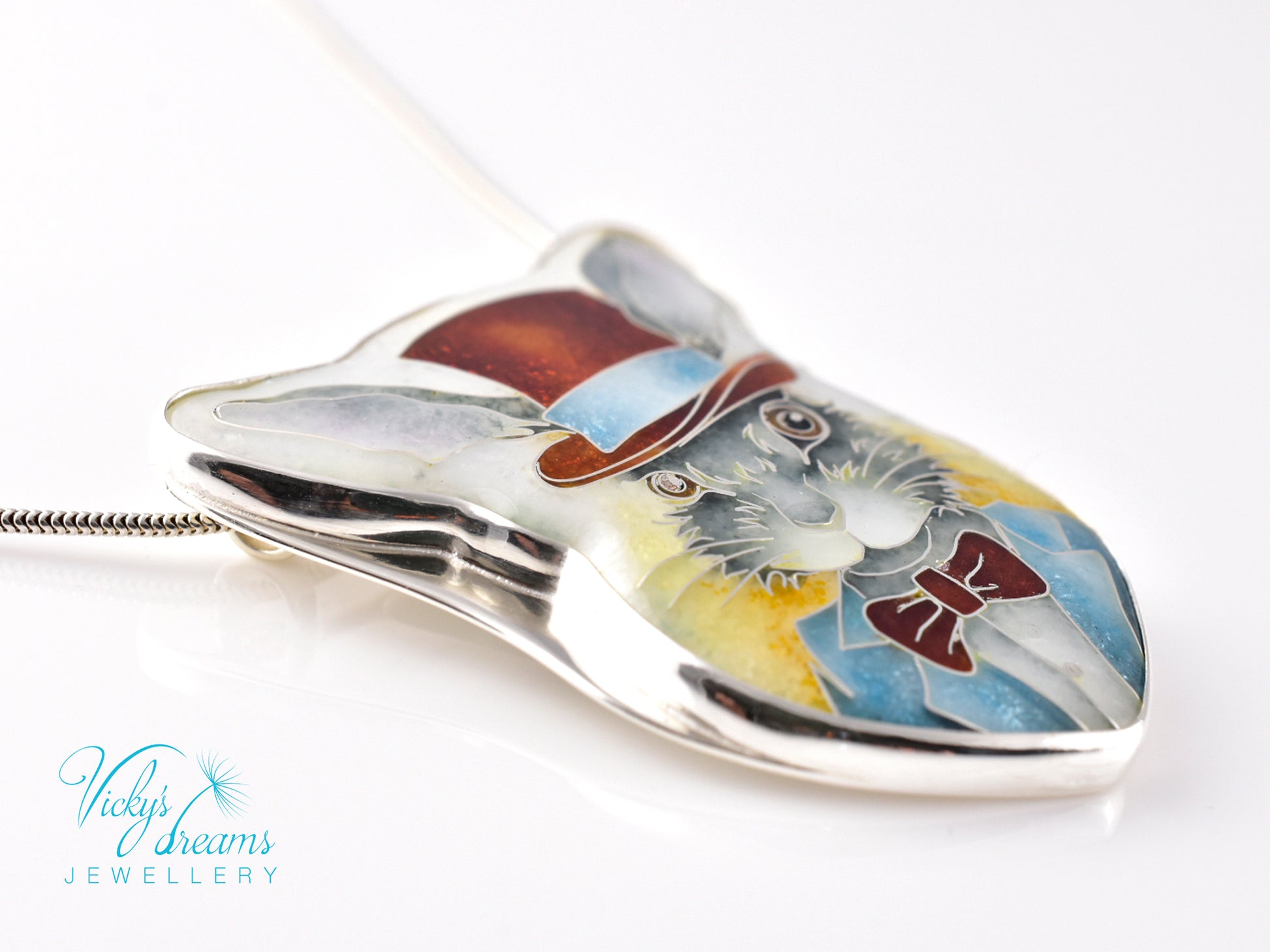 Handmade Bunny in a Hat cloisonné pendant necklace in sterling silver