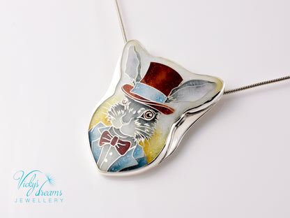 Handmade Bunny in a Hat cloisonné pendant necklace in sterling silver