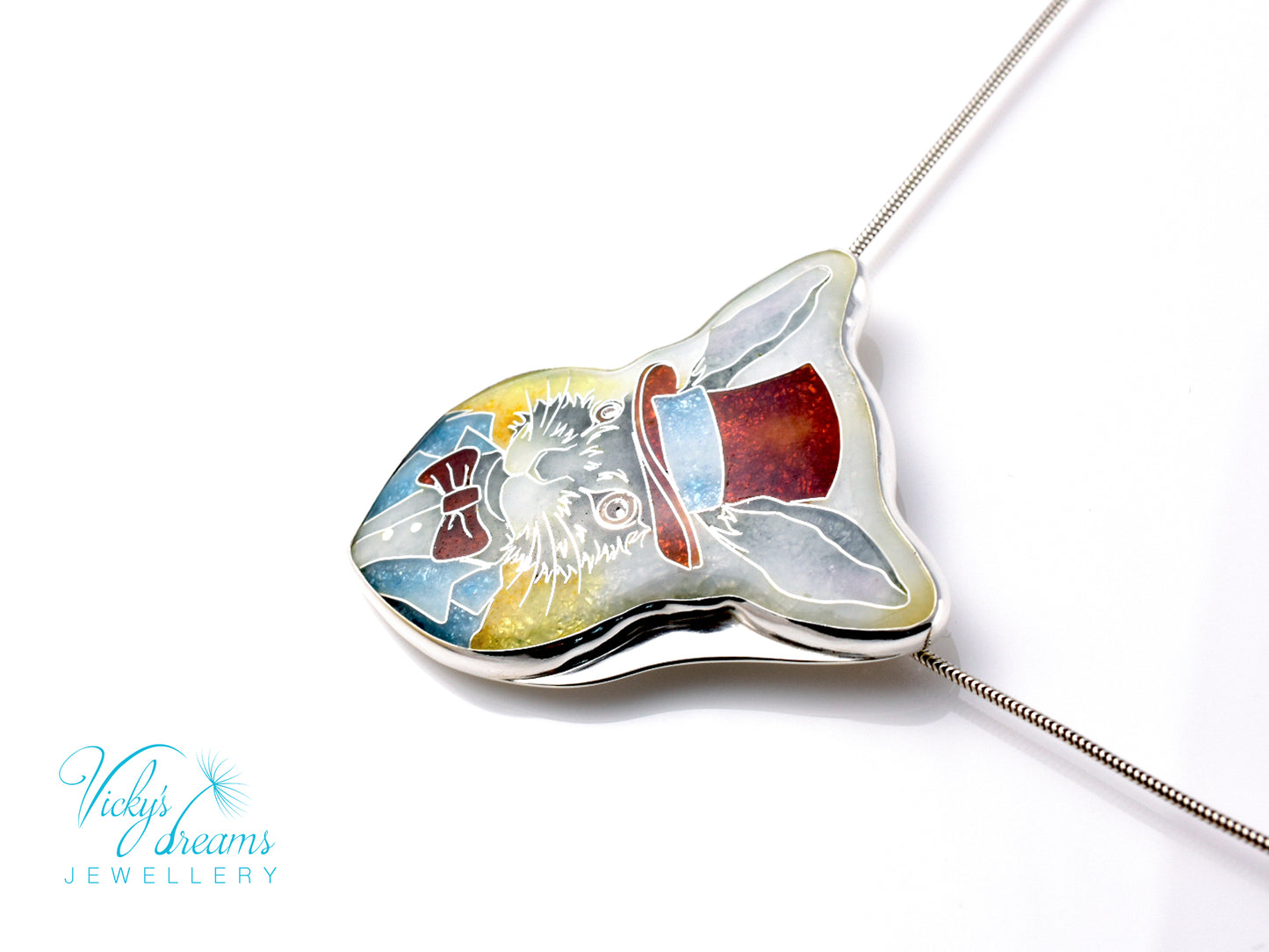 Handmade Bunny in a Hat cloisonné pendant necklace in sterling silver