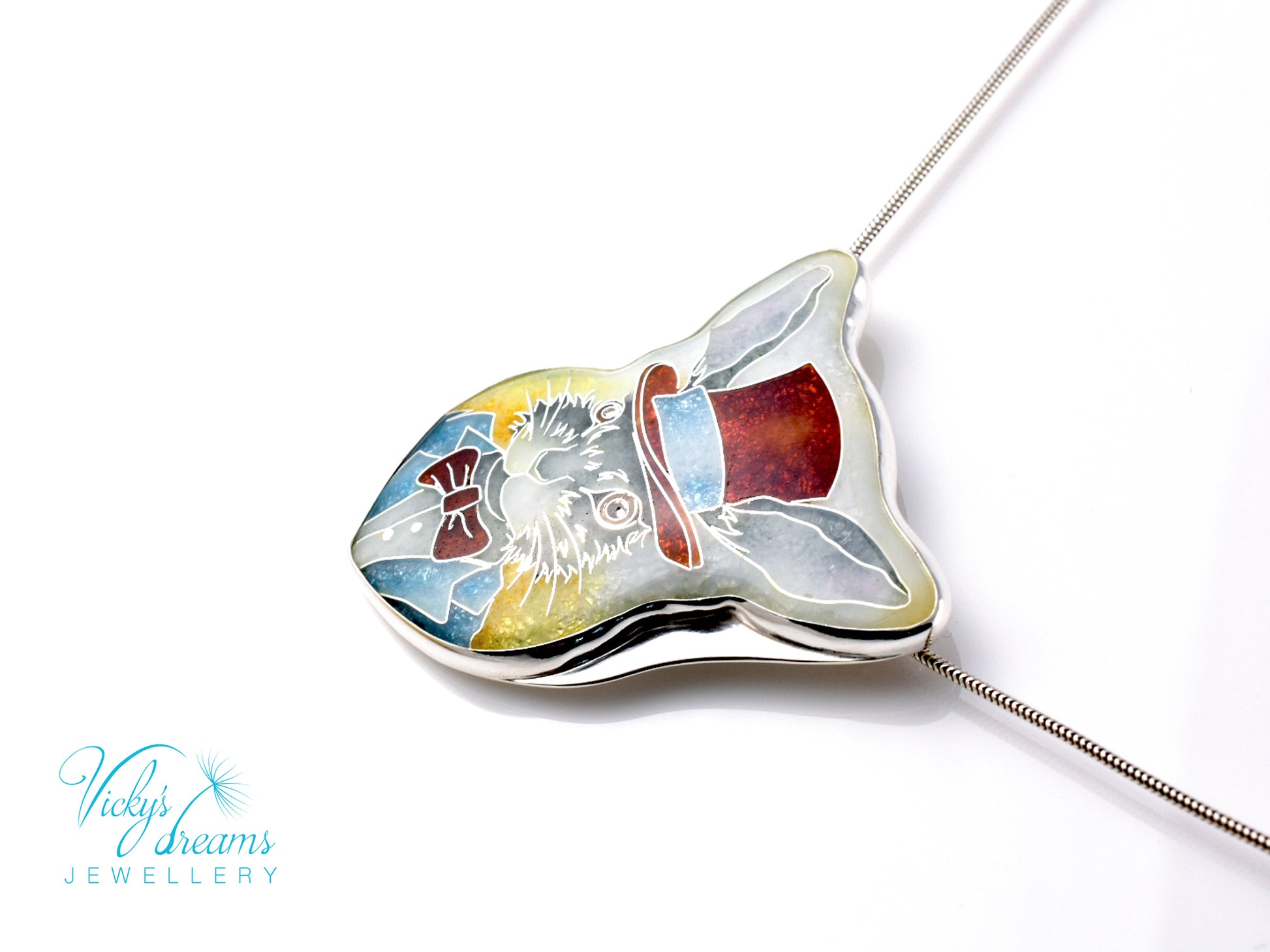 Handmade Bunny in a Hat cloisonné pendant necklace in sterling silver