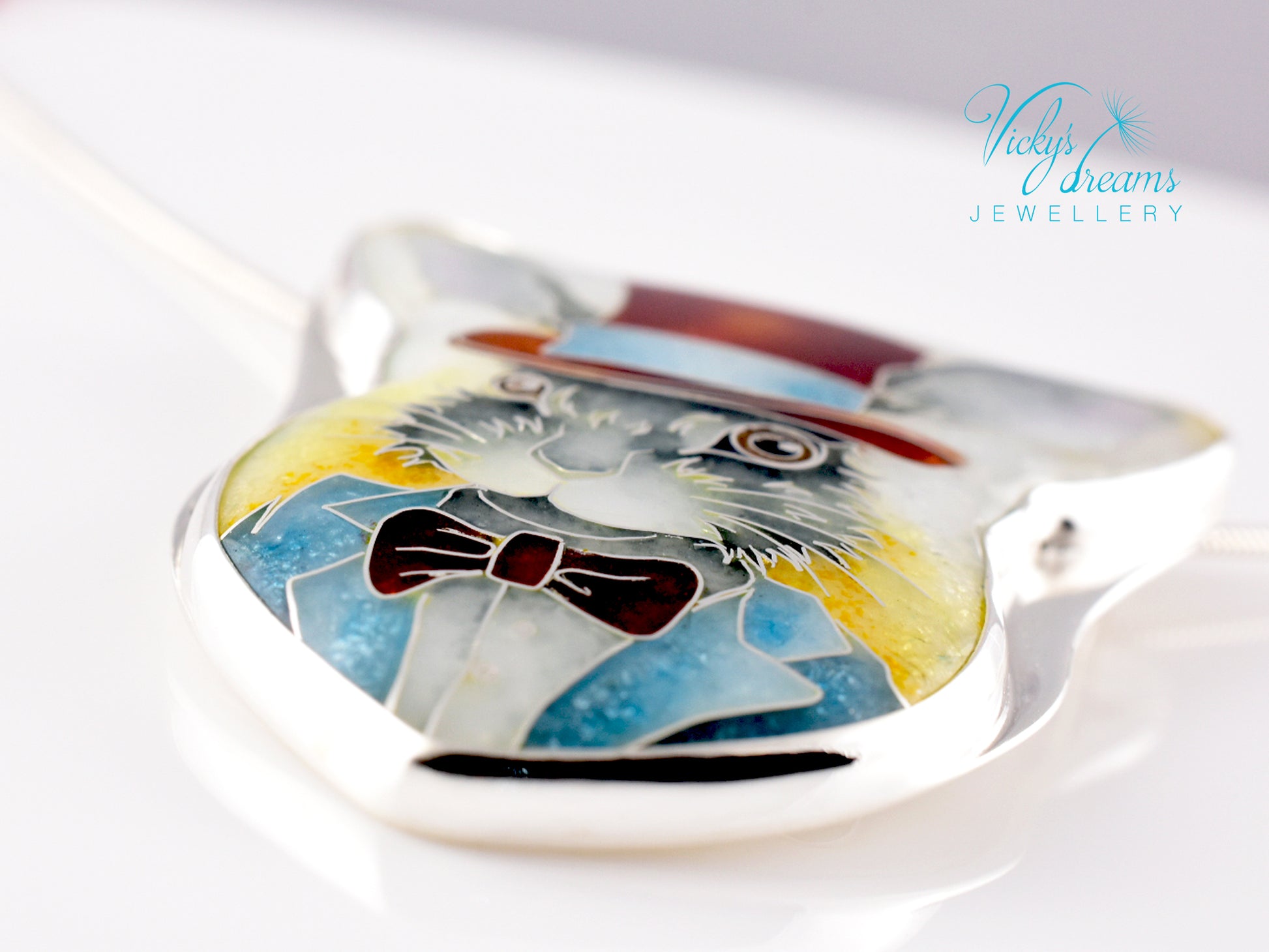 Handmade Bunny in a Hat cloisonné pendant necklace in sterling silver