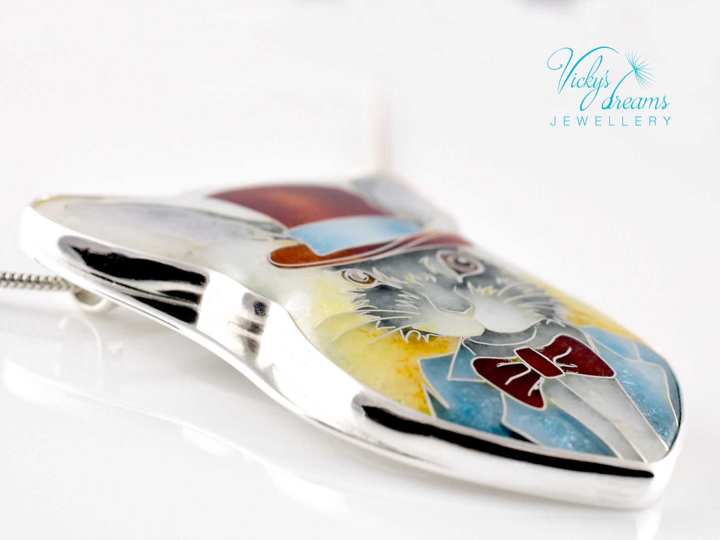 Handmade Bunny in a Hat cloisonné pendant necklace in sterling silver