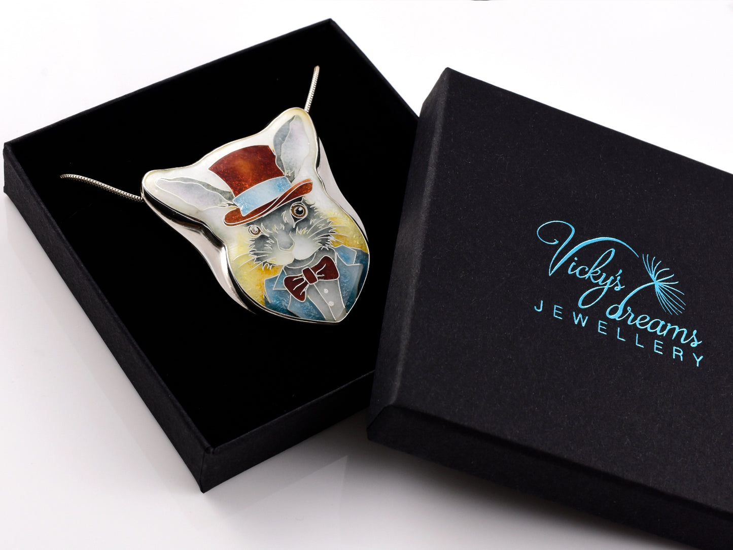 Handmade Bunny in a Hat cloisonné pendant necklace in sterling silver
