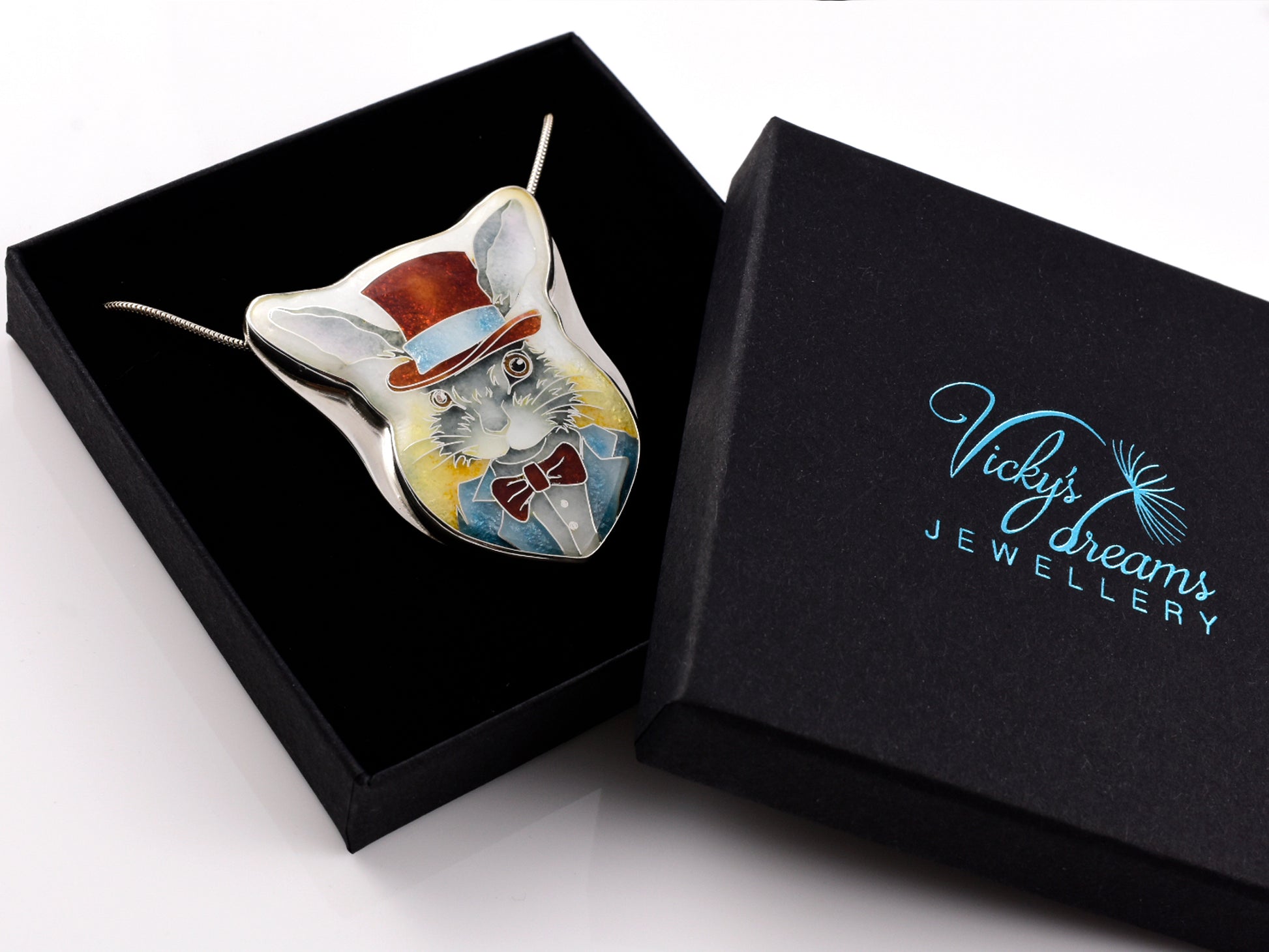 Handmade Bunny in a Hat cloisonné pendant necklace in sterling silver
