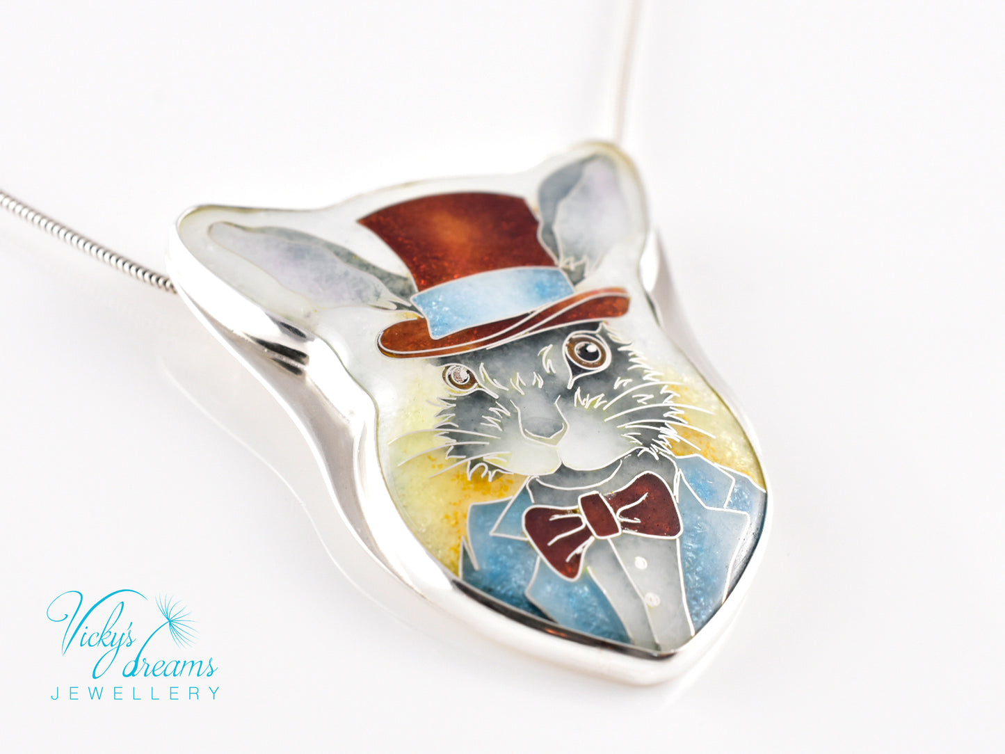 Handmade Bunny in a Hat cloisonné pendant necklace in sterling silver