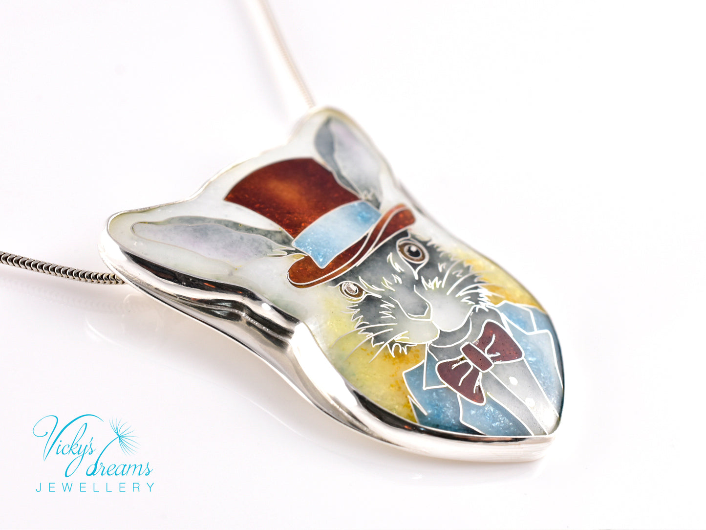 Handmade Bunny in a Hat cloisonné pendant necklace in sterling silver